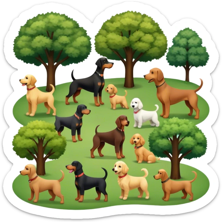 Collage of various dog breeds like Doberman, Poodle, Dachshund, and Golden Retriever, playing in a park with trees and grass. Some dogs run, others sit, all are full of energy and happiness. A joyful, colorful scene with playful expressions. Transparent background. sticker