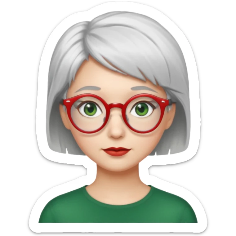 visage femme a lunettes fine ronde rouge avec cheveux courts gris-blancs aux yeux verts sticker