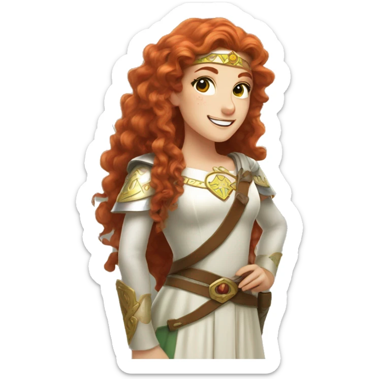a white girl with long red curly hair and freckles, cosplaying Princess Zelda posing and smiling sticker