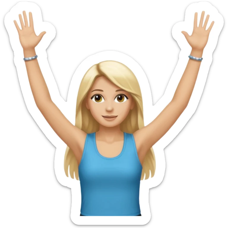 I want a white female dj animated gif emoji with long straight blonde hair putting hands up in the air. Wearing a tight no sleeve top  sticker