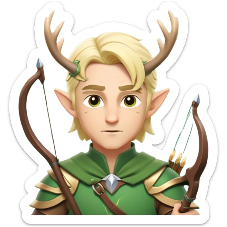 clash-of-clans-aesthetic-blond-male elf-archer-portrait-emoji, rendered in a flat, vector-style with minimal shading and bold holding his bow, simplified shapes, head tilted slightly forward with a determined, focused expression, riding a majestic stag whose antlers glow with mystical energy, set against an ancient, enchanted forest backdrop. sticker