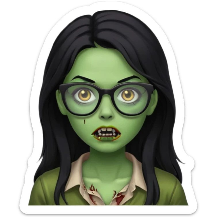 crie um emoji de zumbi feminino, com pele verde, óculos preto e cabelo longo preto sticker