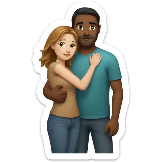 Couple hug, white woman with brown hair and Indian man with light brown skin sticker