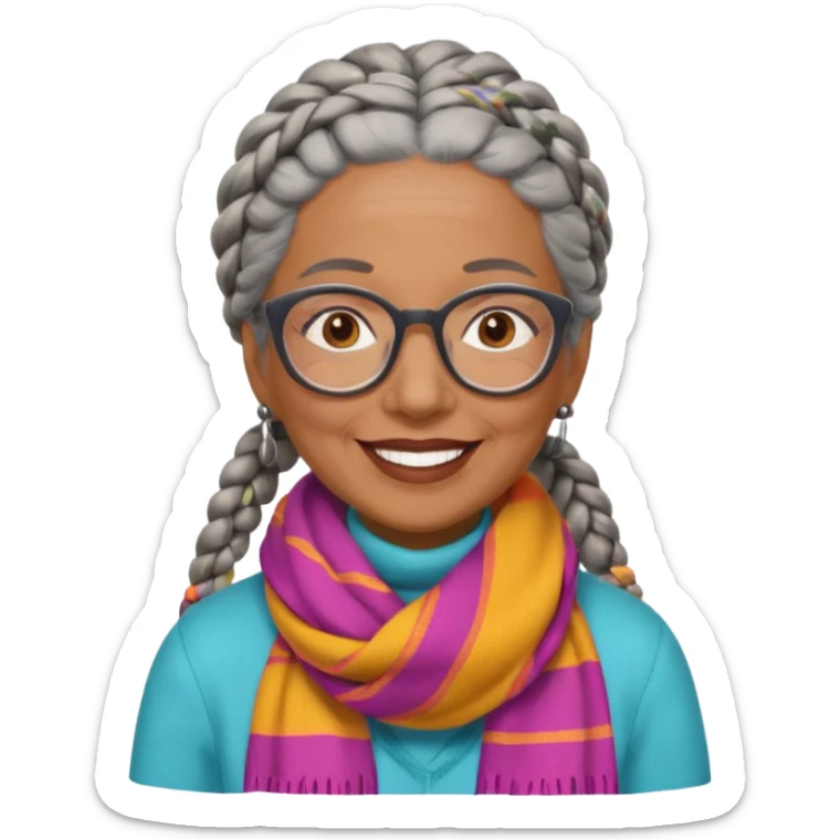 Older woman of color with gray braids, glasses and smiling sticker