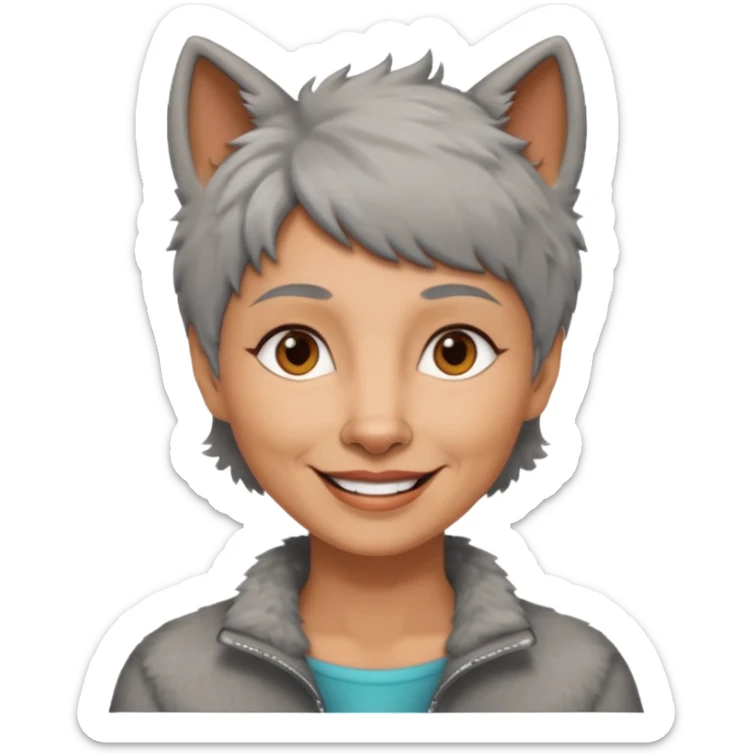 woman 50 years old, short grey fluffy wolf-cut hair, tannes skin and brown eyes sticker