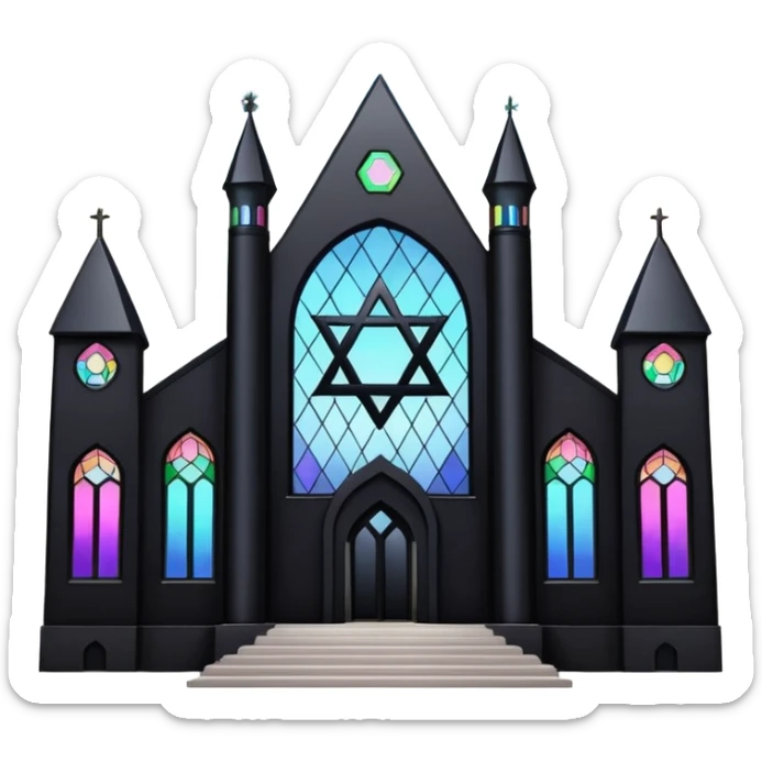 jewish synagogue temple in dark goth aesthetic style with black building and very light rainbow tint glass windows and star of david and celestial symbolism sticker