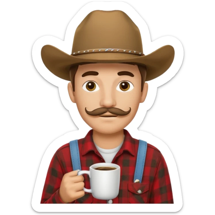 generate an ios genmoji of a 20 year old tan boy with a cowboy hat and horseshoe mustche. Wearing a flannel and carrying a coffee mug sticker