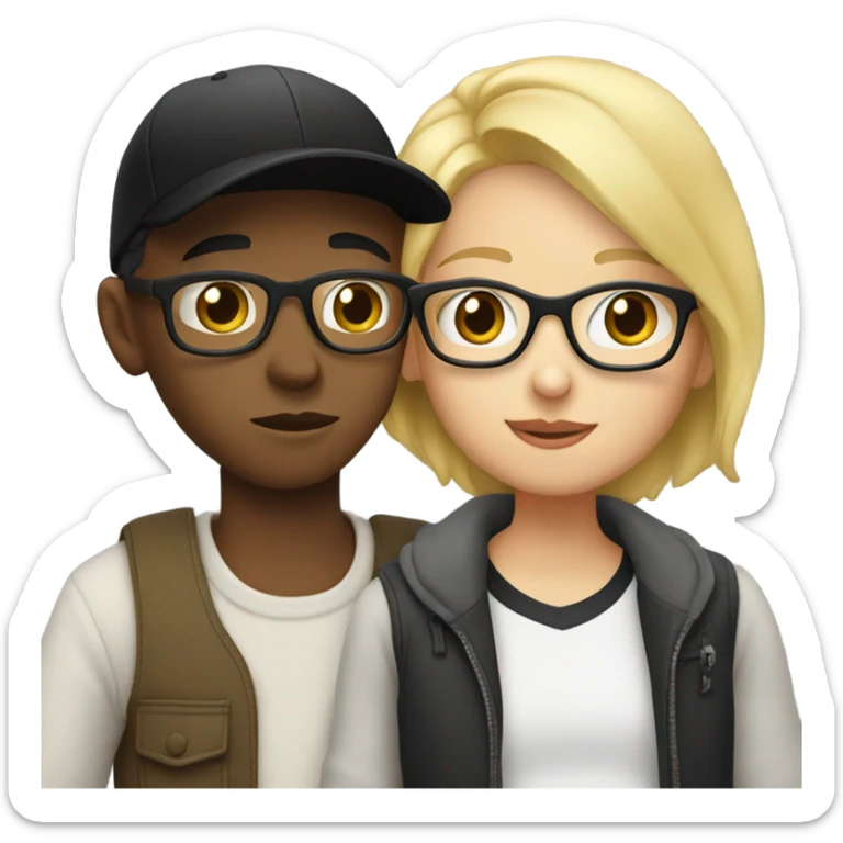 blonde woman with glasses and boy with black cap and no glasses kissing. both are white sticker