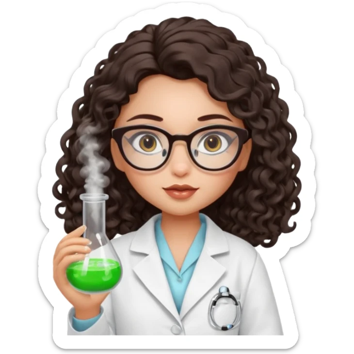 realistic bratz doll with long loose curly dark brown hair, glasses that are round cat eye vibes, in a lab coat mixing beakers that glow sticker