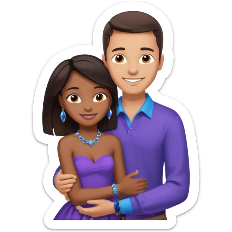 Tan tall brunette European male in blue shirt smiling and hugging a jet black African girl in purple strapless dress and blue jewelry they are on a beach with palm trees sticker