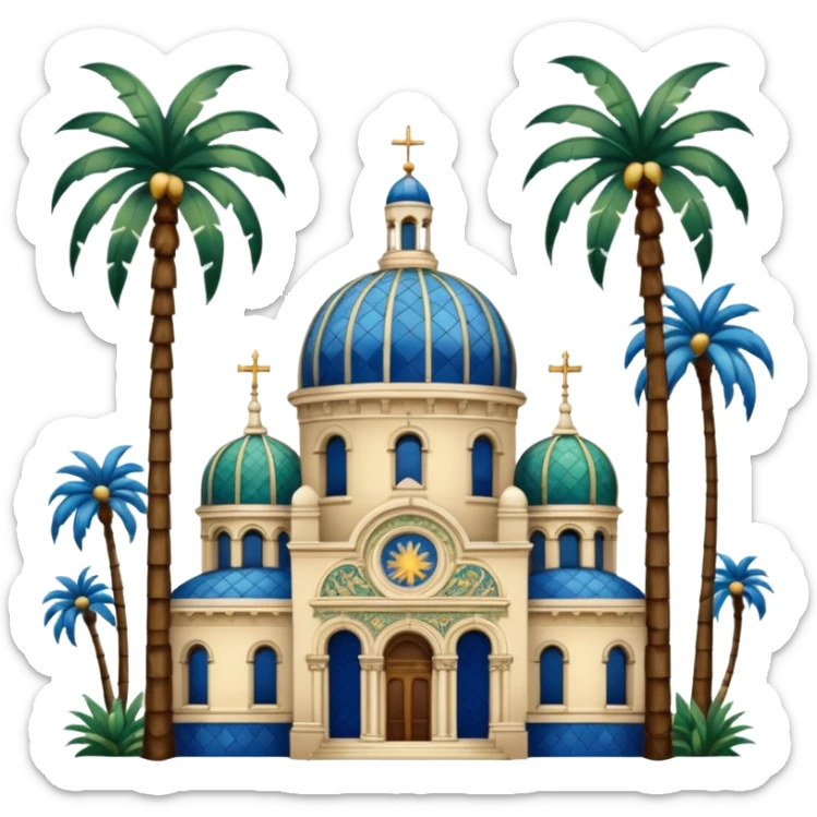 Ornate California dome with blue, gold, green tiles, next to a tall tower, Spanish Colonial Revival, palm trees, simple sticker