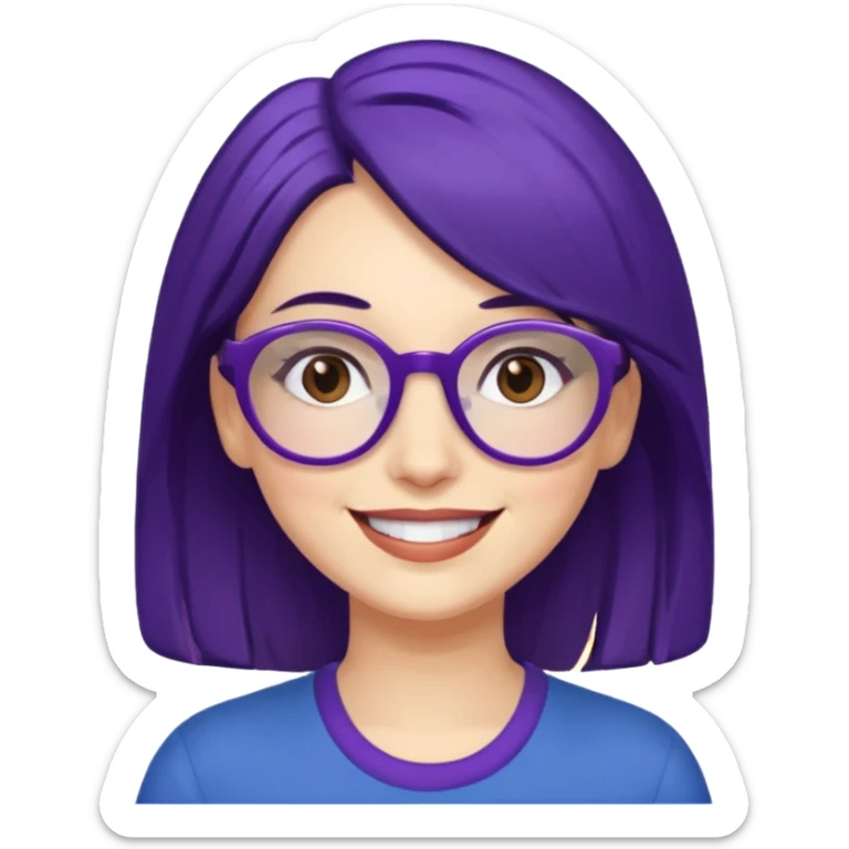 Cartoon adult woman with purple glasses, brown eyes, and dark blue medium length hair sticker