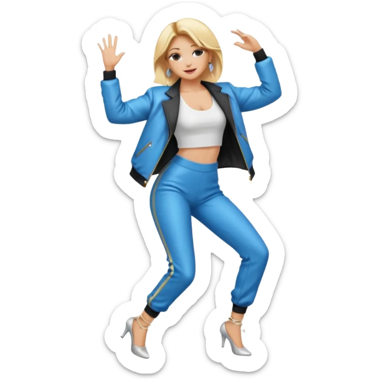 full body emoji of a stylish woman with blonde hair, hoop earrings, fashionable jacket, dynamic pose as a dancer and singer sticker
