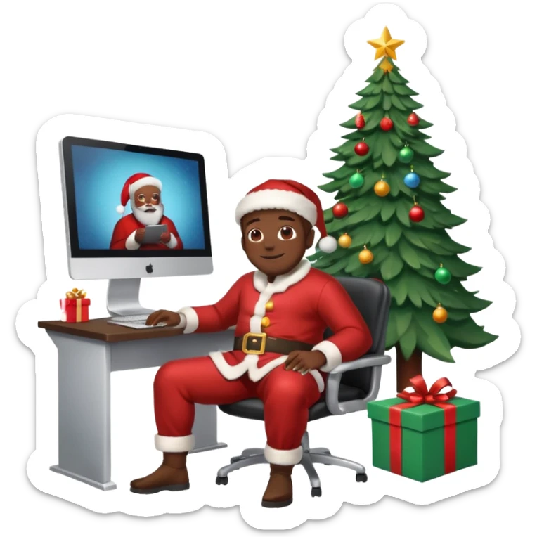 Informaticien homme noir full-body, week-end détente, assis à son bureau moderne avec ordinateur affichant du code.. À côté de lui, le Père Noël souriant, sapin illuminé et cadeaux autour. sticker