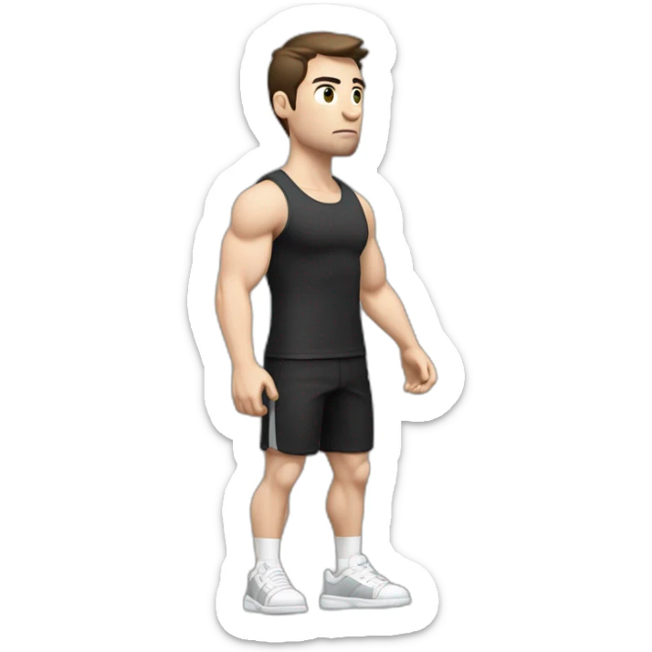 Confused Pale skinned Fit Man With the biceps and dark brown hair in black shirt, gray sports shorts and white Sneakers sticker