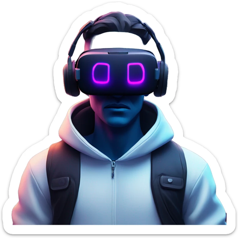 Cyberpunk style. blue neon. White skin man in the black hoody with violet OMG VR logo on it. Man in vr headset oculus quest 2 sticker
