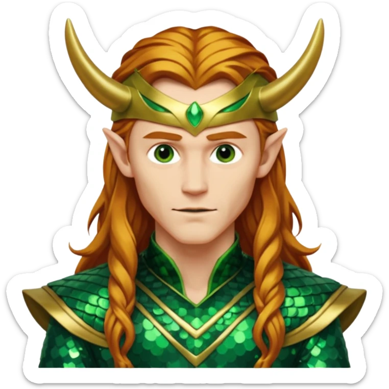 Loki, God of Mischief from Gods and Goddesses with long reddish blonde hair, green and gold sequin outfit sticker