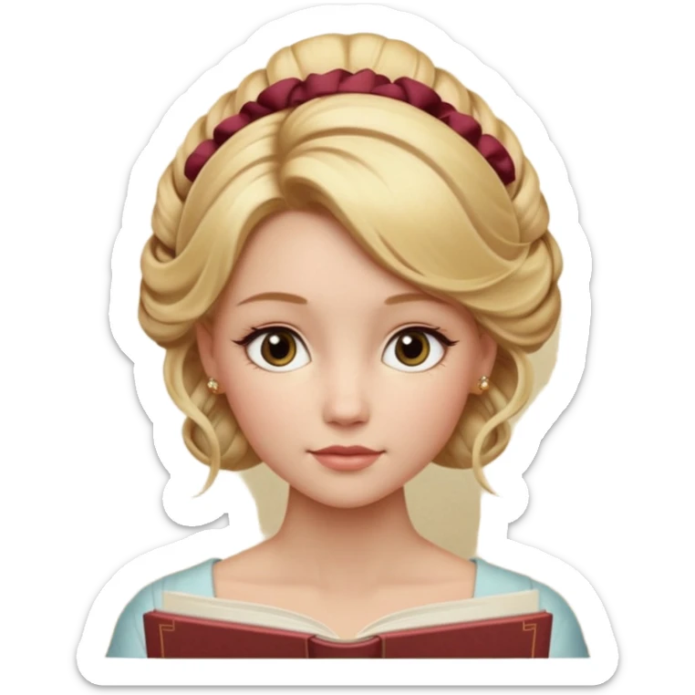 Cinematic Realistic Journal Portrait, depicted with lifelike skin texture, subtle rosy undertones, and soft natural lighting that enhances the gentle contours of her face. Her intricately detailed golden blonde hair is elegantly styled in an updo, sticker