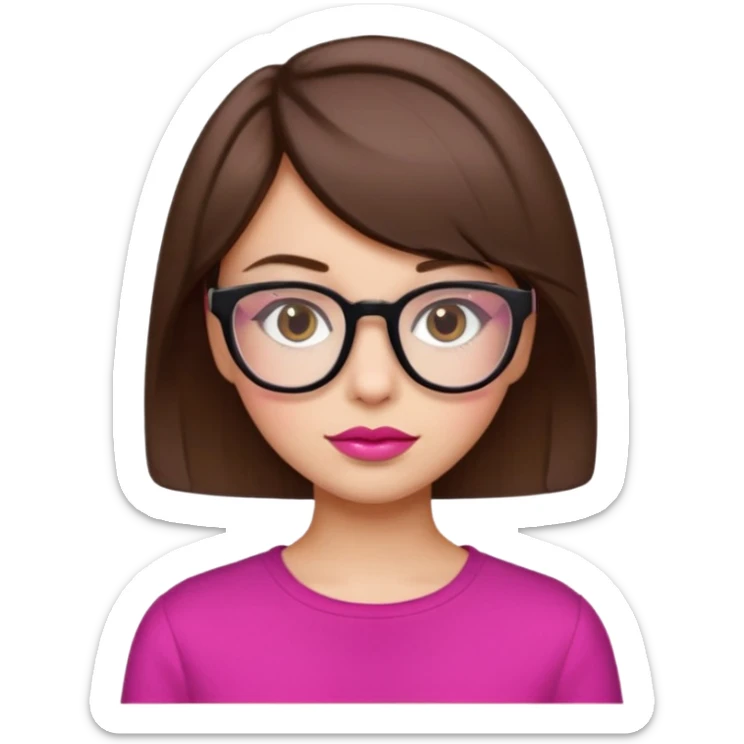 short brown hair girl with square glasses and pink lips, emoji style sticker