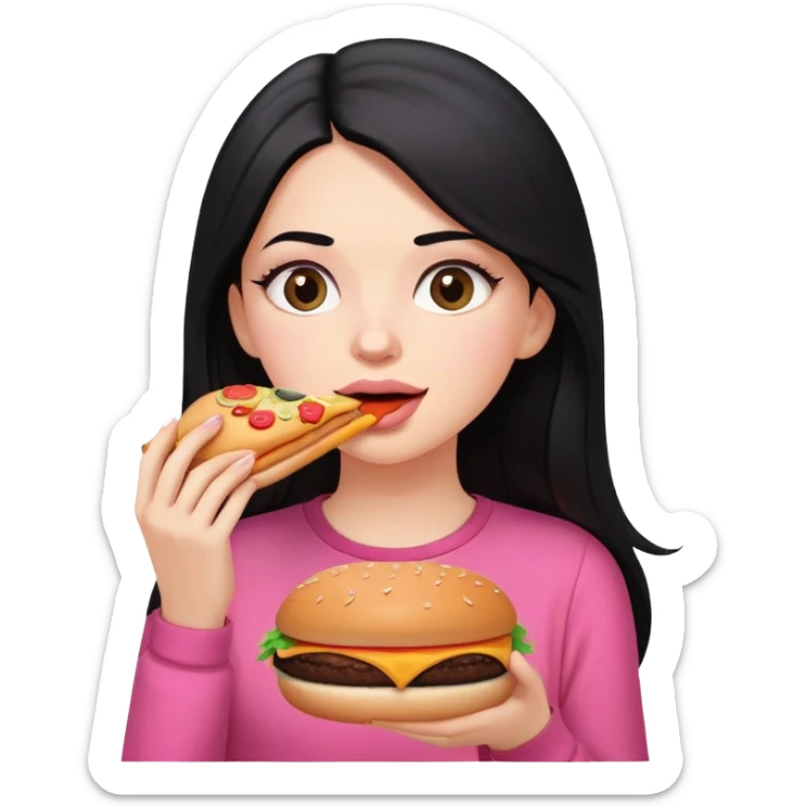 White girl in pink clothes and long black hair eating burger and pizza sticker