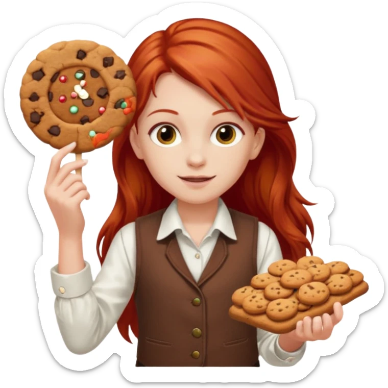 white girl scout with red long hair selling cookies with a brown vest and white shirt under vest. She should be around 10 years old sticker