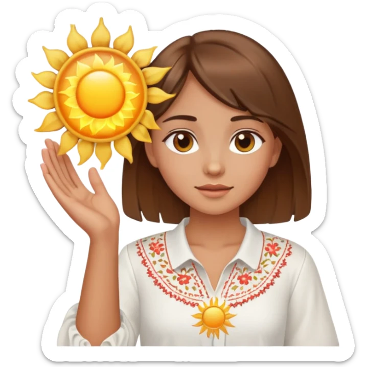 A young Ukrainian girl with brown hair wearing a white embroidered shirt holds the sun in her hands sticker