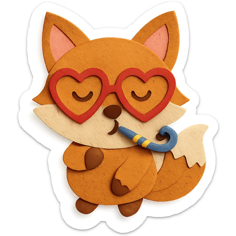 baby fox with heart glasses blowing party horn in paper-craft style sticker
