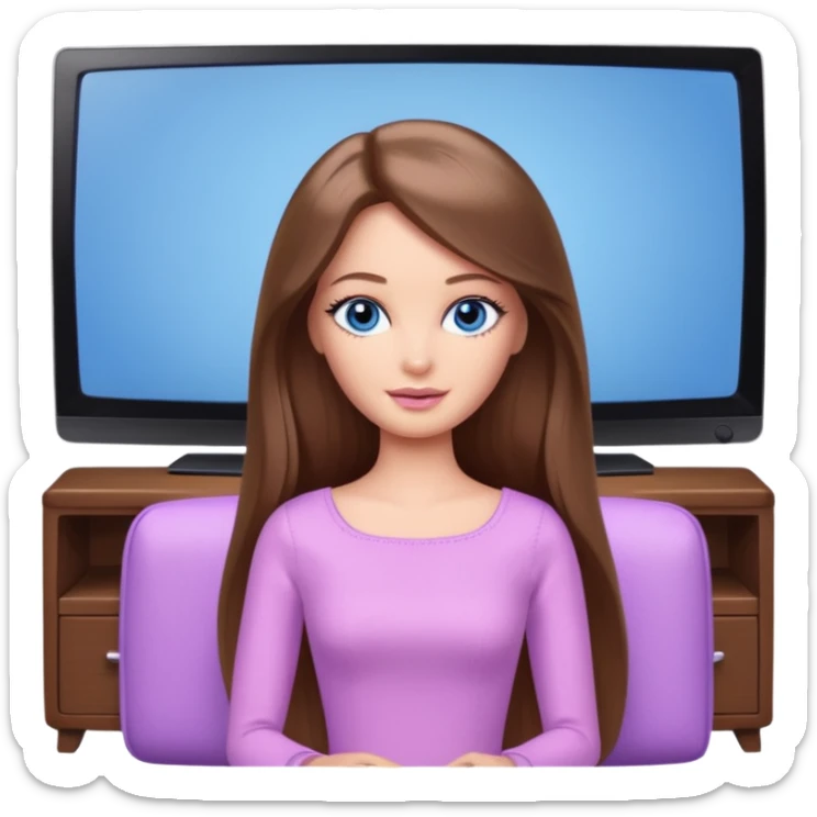 beautiful barbie girl with long brown hair, blue eyes and wearing light purple clothes watching tv shows sticker