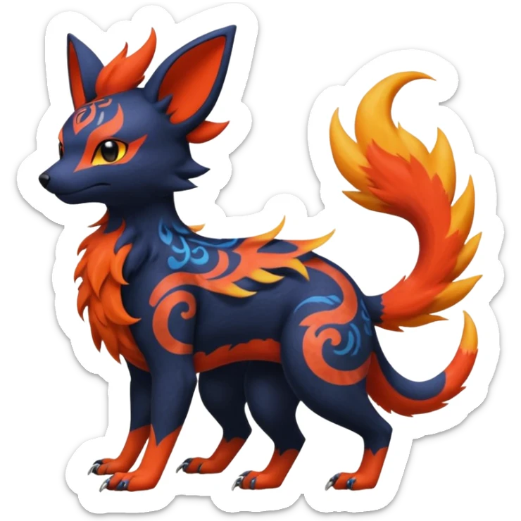 
Canine-Litten-Amaura-Salandit-Noibat-Flareon-Fakémon-fusion (full body) with intricate markings sticker