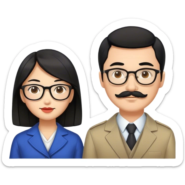 An Asian woman with black hair and a Russian guy with brown hair and mustache with glasses in Japan sticker