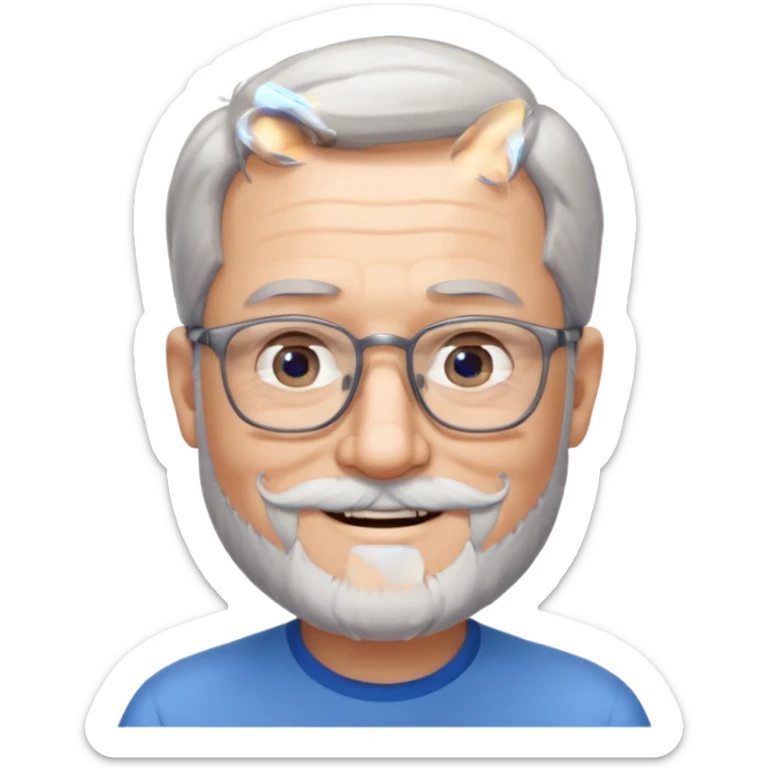 Create me an emoji of an old man. Gray really short size hair. Gray follow-up full beard. Squarer Glasses. Blue eyes. Little smile sticker