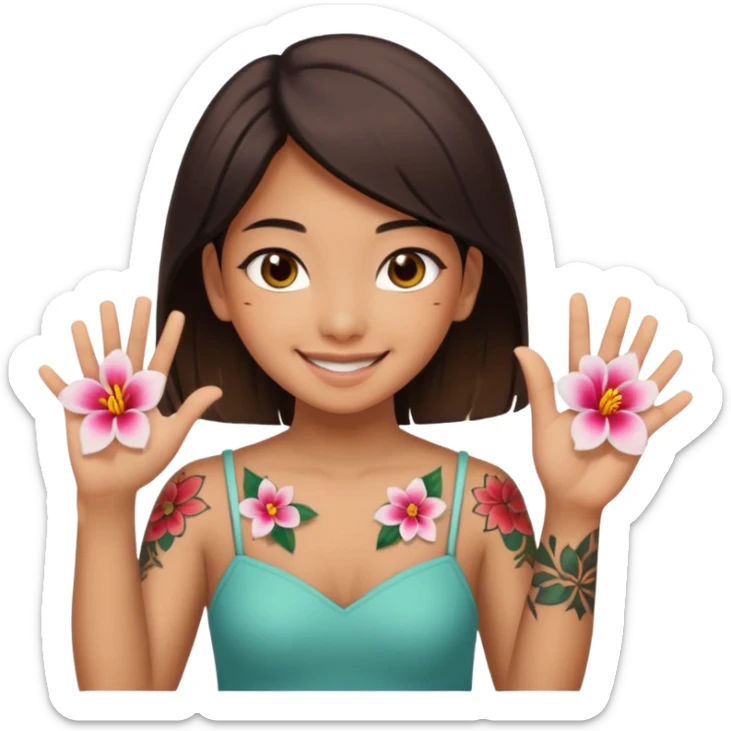 make me an image of a girl from hong kong with brown eyes and a hong kong flower tattoo on her back flipping off the camera sticker