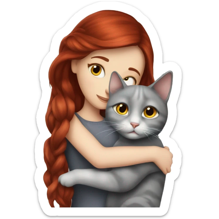 Dark red hair white girl hugs grey cat realistic  sticker