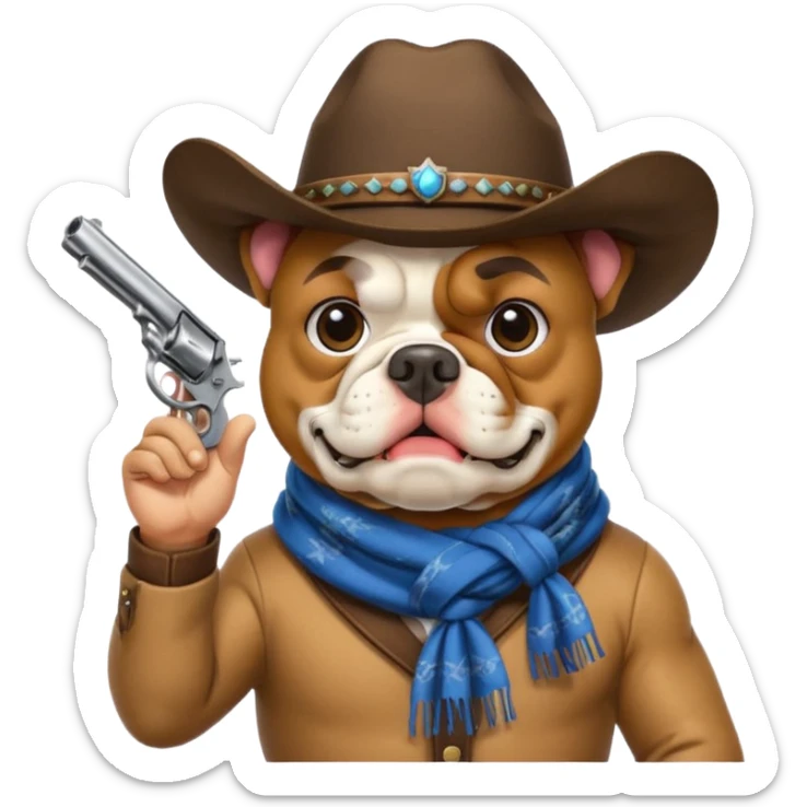A bulldog wearing a cowboy hat, covering his mouth with a scarf so he wouldn't be recognized, pointing a revolver at you, telling you to hand over your money. sticker