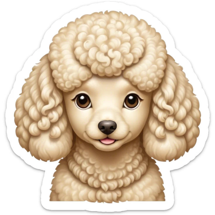 Cinematic Noble Cream Poodle Portrait Emoji, Poised and regal, with a refined, elegant build and a meticulously groomed, curly cream Fur, deep-set soulful warm eyes, Simplified yet sharp and sophisticated features, highly detailed, glowing with a soft, dignified glow, high shine, intelligent and graceful, stylized with an air of sophistication, focused and attentive, soft glowing outline, capturing the essence of a watchful and confident companion, so majestic it feels as though it could prance out of the screen with effortless authority! sticker