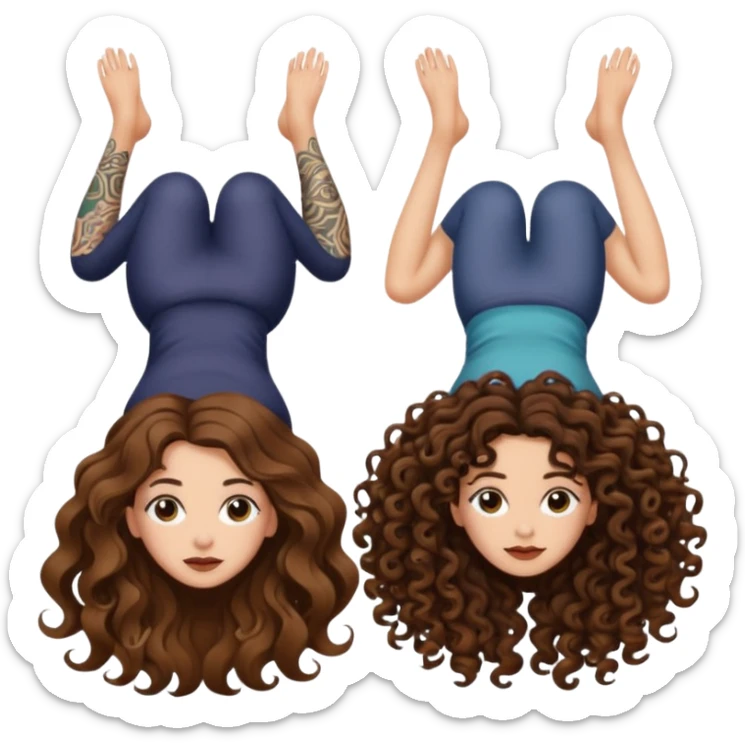 spell confusion — long wavy brown hair tattooed woman and short tight curly brown hair woman — scroll upside down sticker