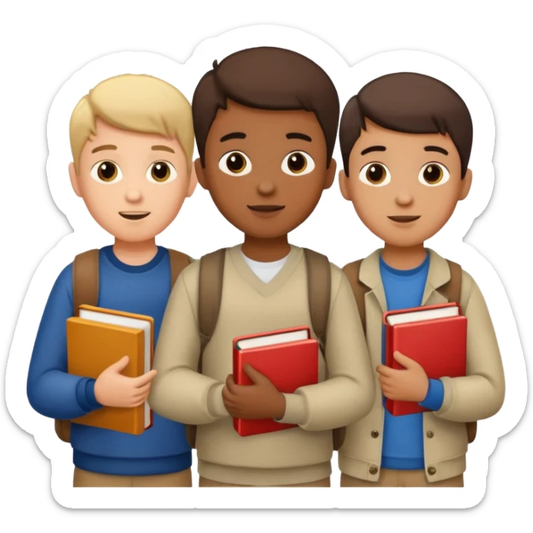 generate a group of 3 boys, all different looking.Holding books. one of them calling on a mobile sticker
