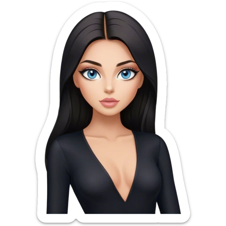 Glamours, tanned, beautiful, girl, with blue eyes, big pump peach-beige-rose lips, eyeliner, long lashes, black straight smooth silky long hair, parting hair in the middle,  in black v-neck bodysuit long sleeves sticker