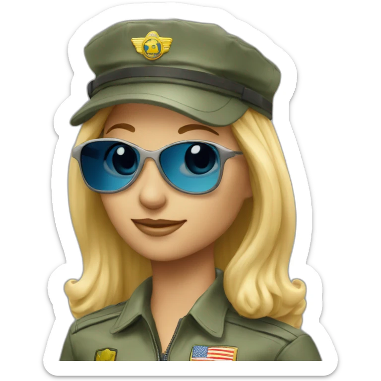 young long blonde hair female airplane Commander with sun glasses and cap sticker