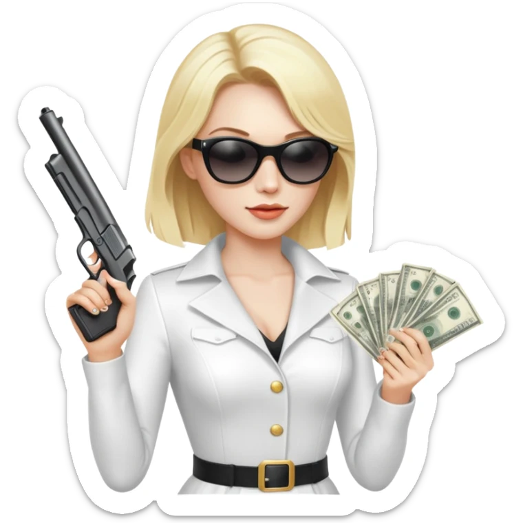 Mafia blondes woman in sunglasses, gun ,money , white costume  sticker