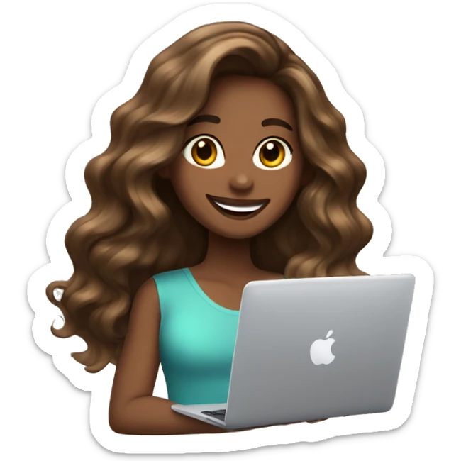 brown balayage Hair italian girl with macbook, smiling sticker