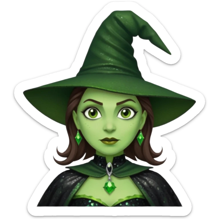 The Wicked Witch from Oz with green skin, brown hair, black sequin outfit sticker