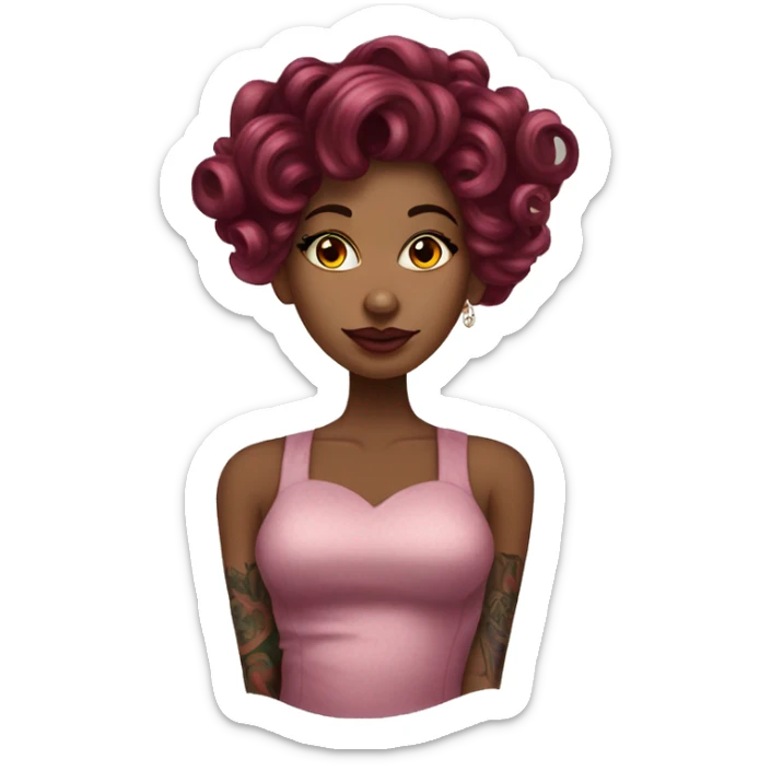Beautiful tattooed  burgundy long haired woman with curlers in her hair sticker