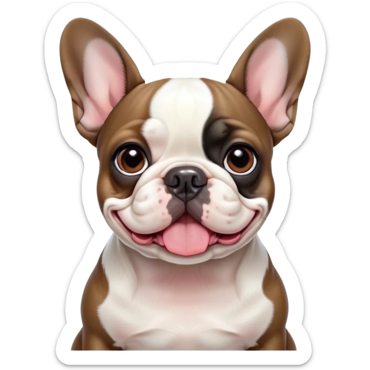 Cinematic Cute Pied French Bulldog Portrait Emoji, Head tilted with a sweet, mischievous grin and large, inviting eyes, featuring a unique pied fur of contrasting colors, simplified yet irresistibly endearing, highly detailed, glowing with a warm, playful radiance, high shine, exuding a quirky charm and affectionate personality, styled with a soft, lighthearted outline, capturing the essence of a cute Pied French Bulldog that looks ready to charm its way into your heart! sticker