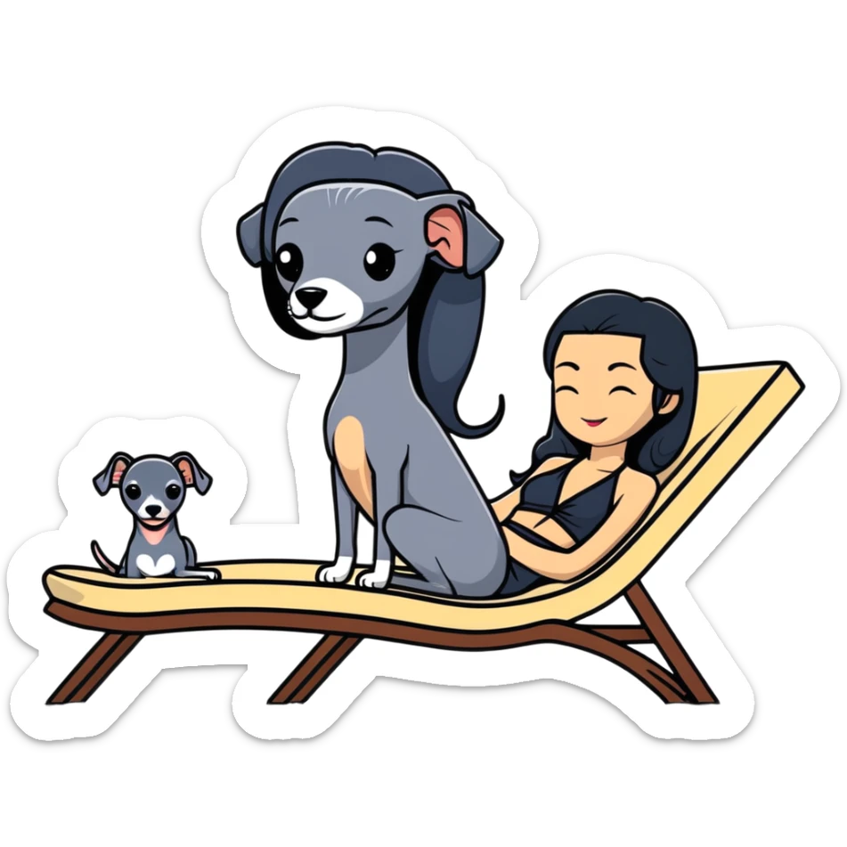 Very thin and slim Chinese woman with long black hair in elegant pool attire relaxing on a comfortable spa lounger at a luxury spa pool with her Italian greyhound that is COMPLETELY solid dark grey with ABSOLUTELY ZERO white markings anywhere - 100% uniform dark grey color only - also relaxing on a lounger sticker