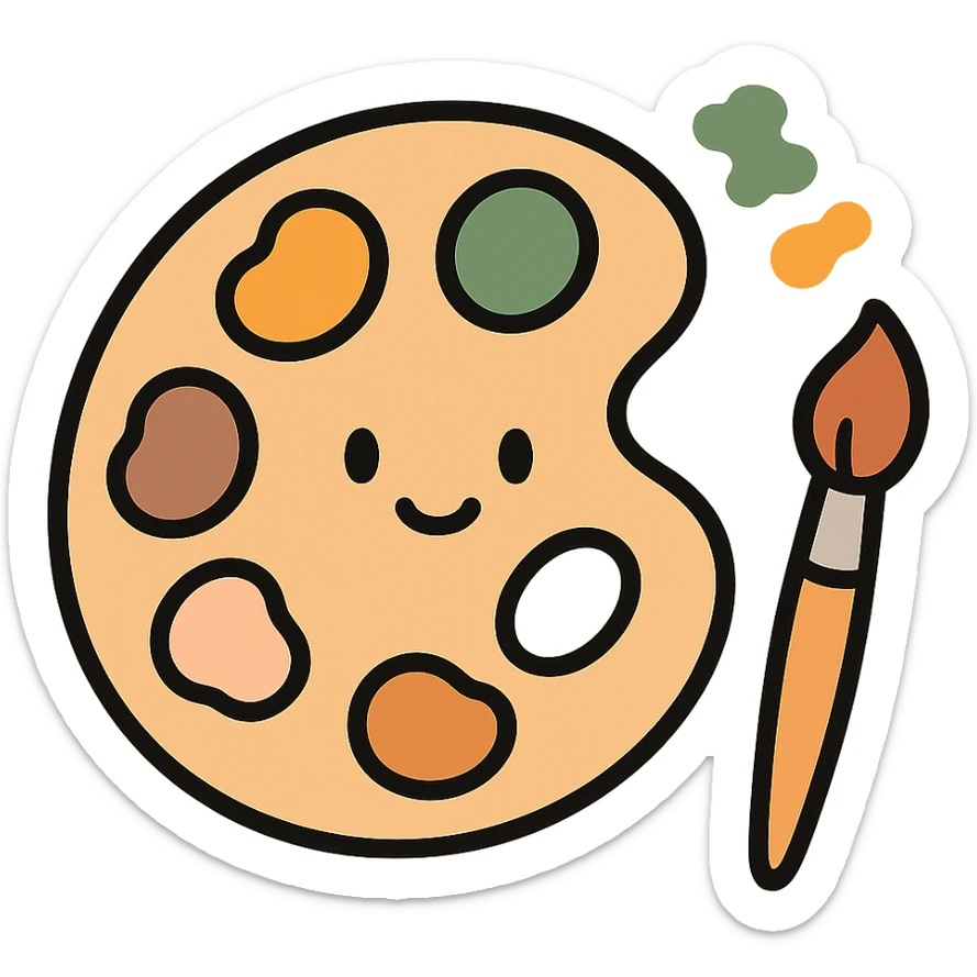 A cute and charming artist’s paint palette with dabs of paint in a warm, cozy color scheme: golden orange (FA9B41), deep forest green (4A7C5C), muted taupe brown (96775A), and pastel peach (FFCC9A). The wooden palette has a soft, rounded shape with a smooth finish, and the paint blobs are arranged neatly like little candy drops. Some splashes of color are playfully smeared nearby, and a tiny paintbrush rests beside the palette. The overall mood is light, artistic, and whimsical, with soft lighting and a gentle, creative atmosphere — perfect for a dreamy, storybook-style illustration. sticker