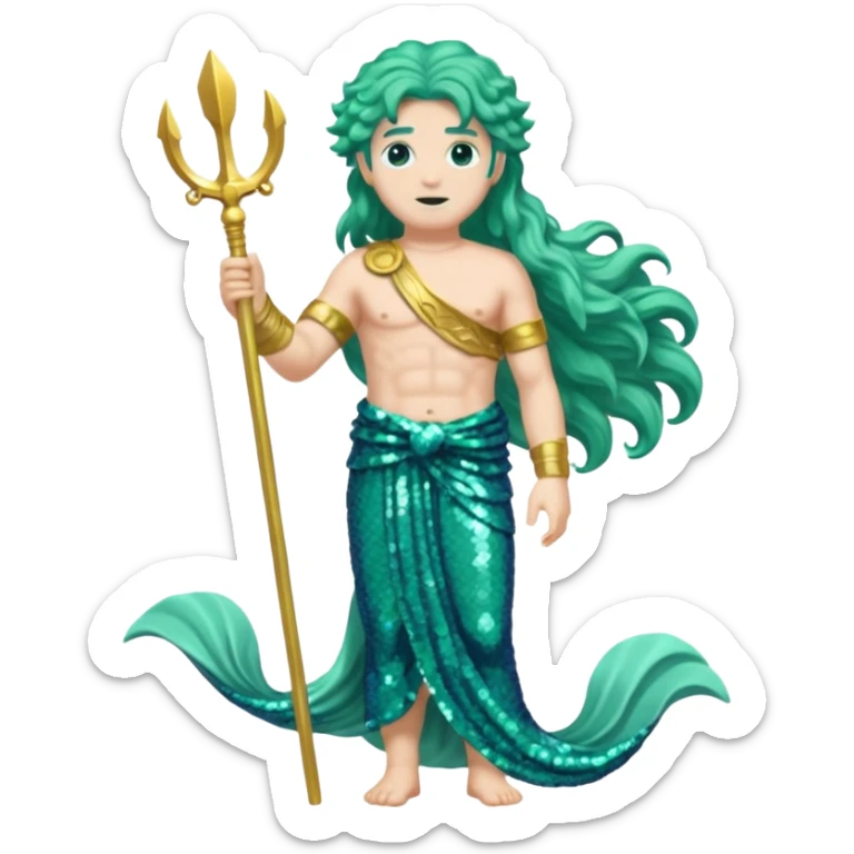 Neptune from Roman Deities with long sea green wavy hair, sea green sequin toga sticker