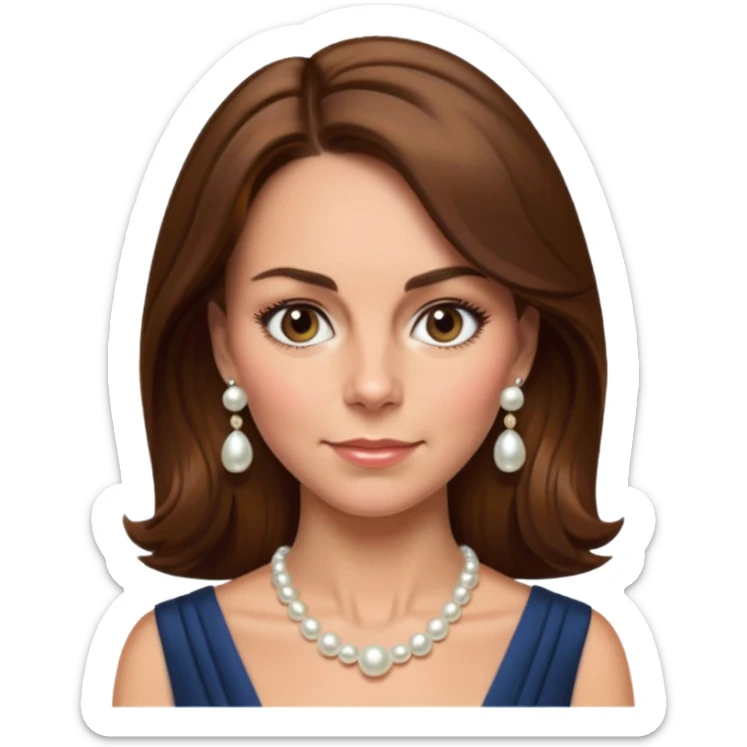 Kate Middleton as an apple style emoji, formal attire, pearl earrings, brown hair sticker