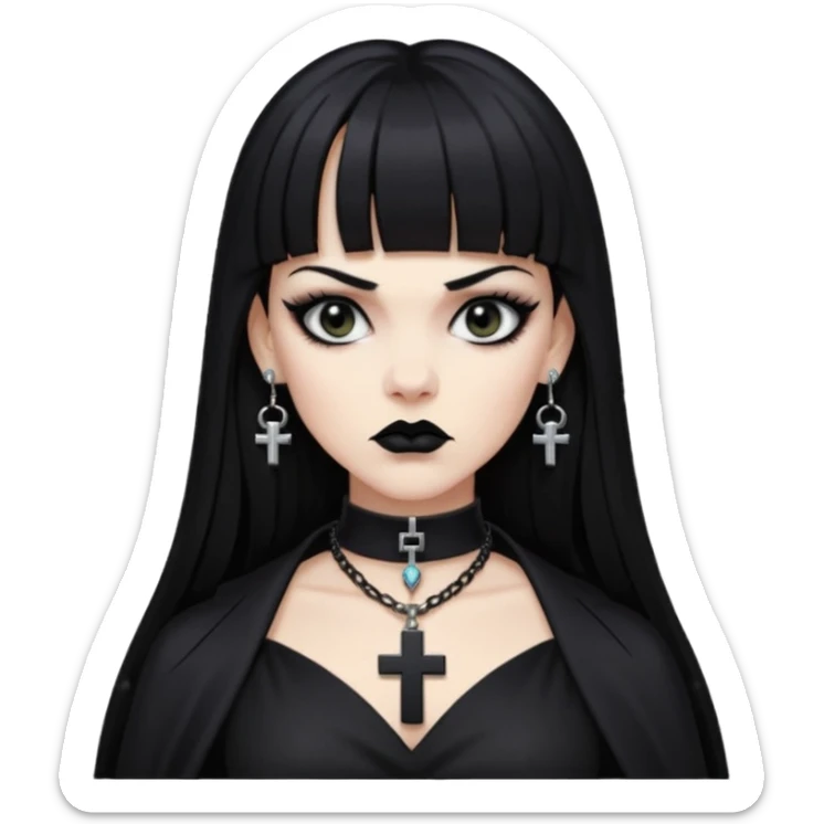 vampira parda com cabelo preto longo e liso e franja, olhos pretos, brincos em formato de cruz, choker em formato de cruz, roupa preta com decote nos seios, batom preto e séria sticker