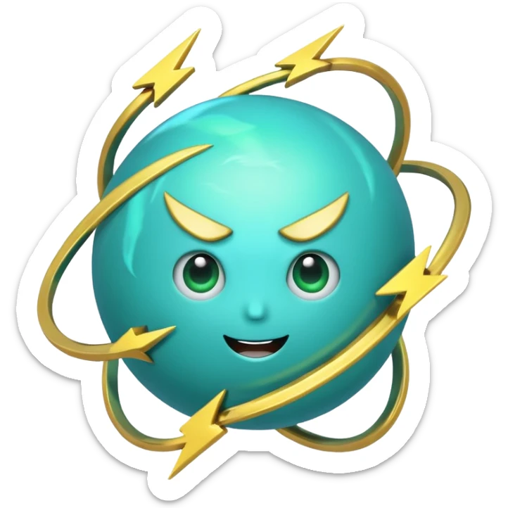 Uranus planet emoji in Apple style, blue-green color, dynamic rings, fun, excited, and expressive face, prominent bold lightning bolt symbolizing chaotic and unexpected energy sticker